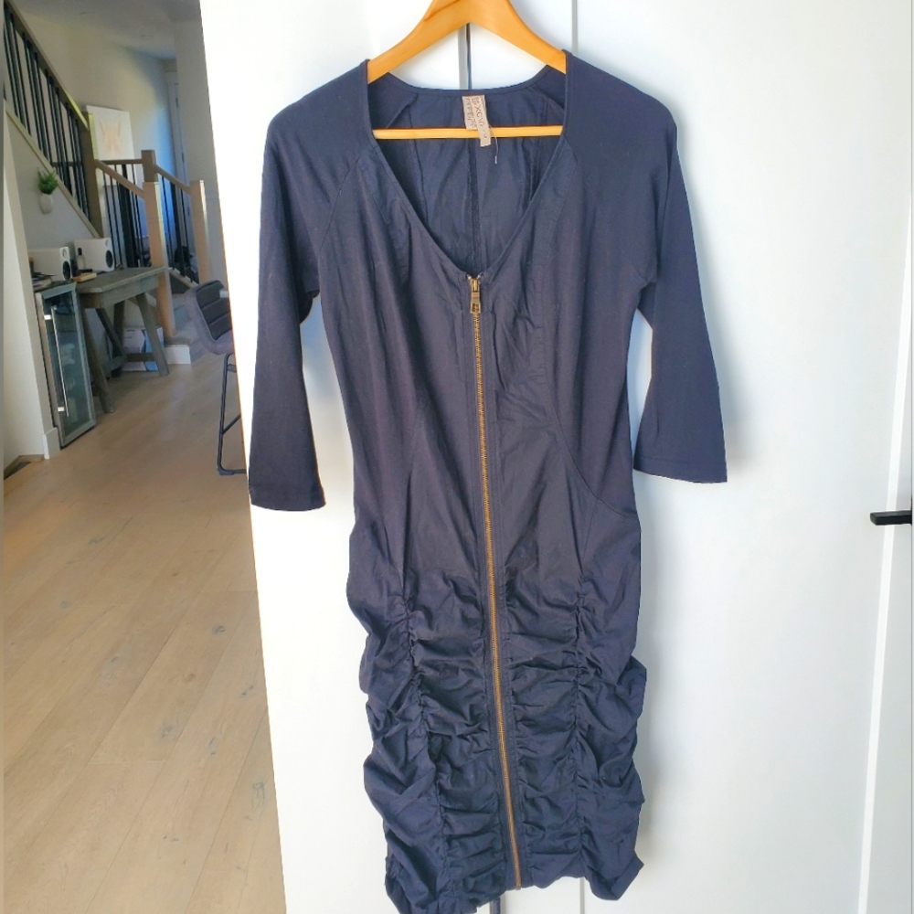 XCVI Navy Blue Long Sleeve Ruched Zip-Front Dress